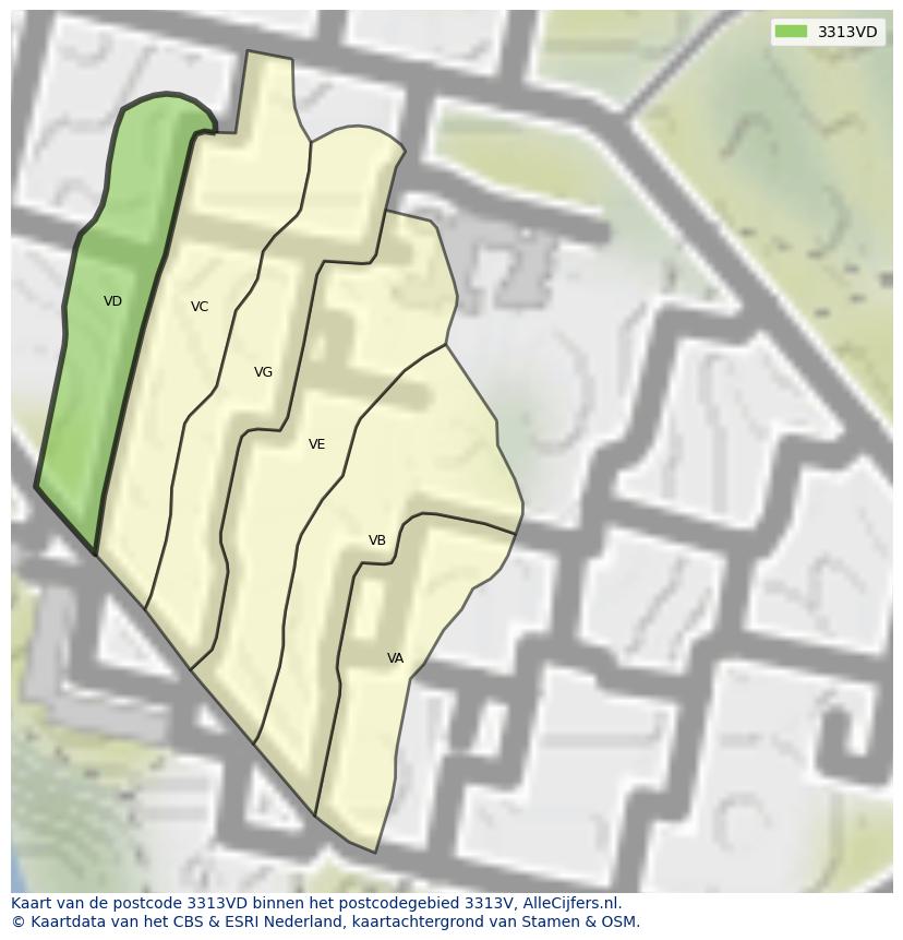 Afbeelding van het postcodegebied 3313 VD op de kaart.