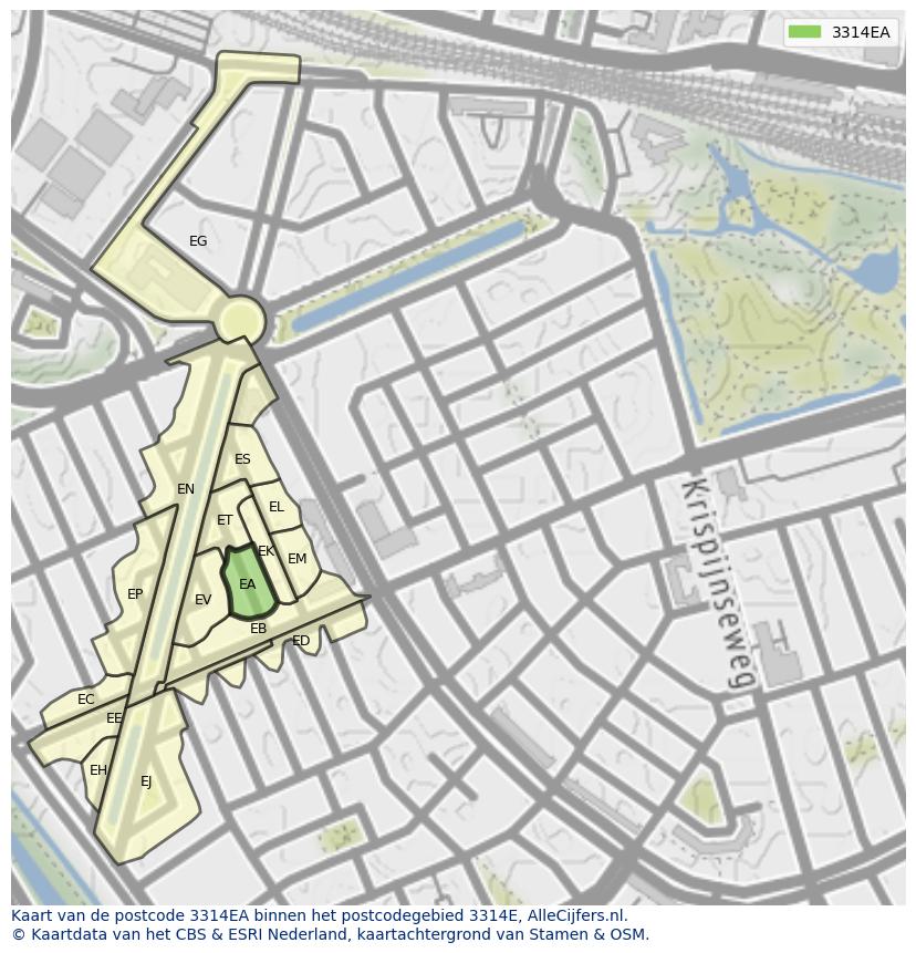 Afbeelding van het postcodegebied 3314 EA op de kaart.