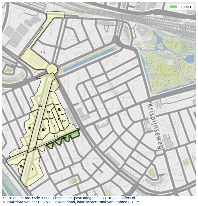 Afbeelding van het postcodegebied 3314 ED op de kaart.