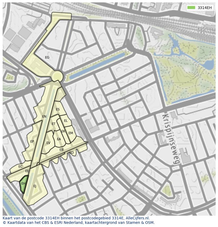 Afbeelding van het postcodegebied 3314 EH op de kaart.
