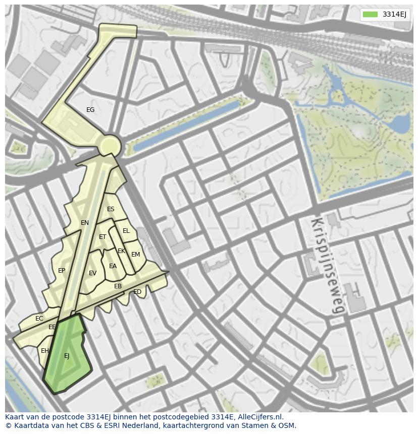 Afbeelding van het postcodegebied 3314 EJ op de kaart.