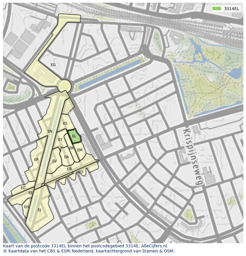 Afbeelding van het postcodegebied 3314 EL op de kaart.