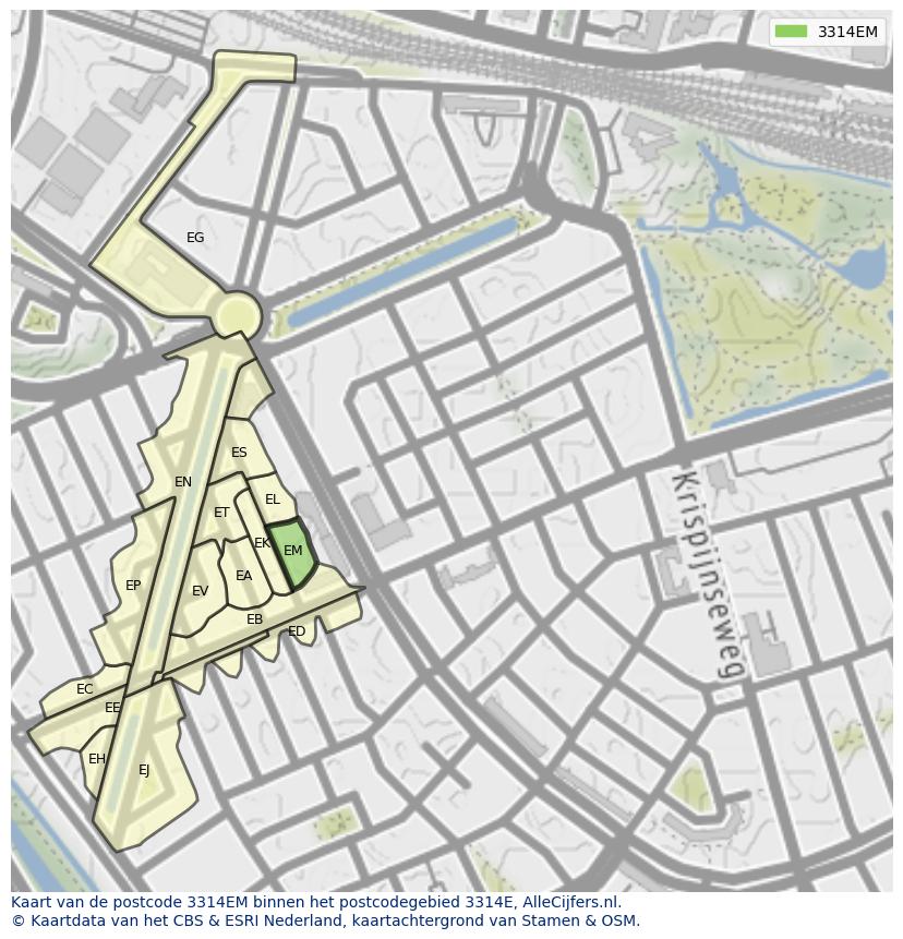 Afbeelding van het postcodegebied 3314 EM op de kaart.