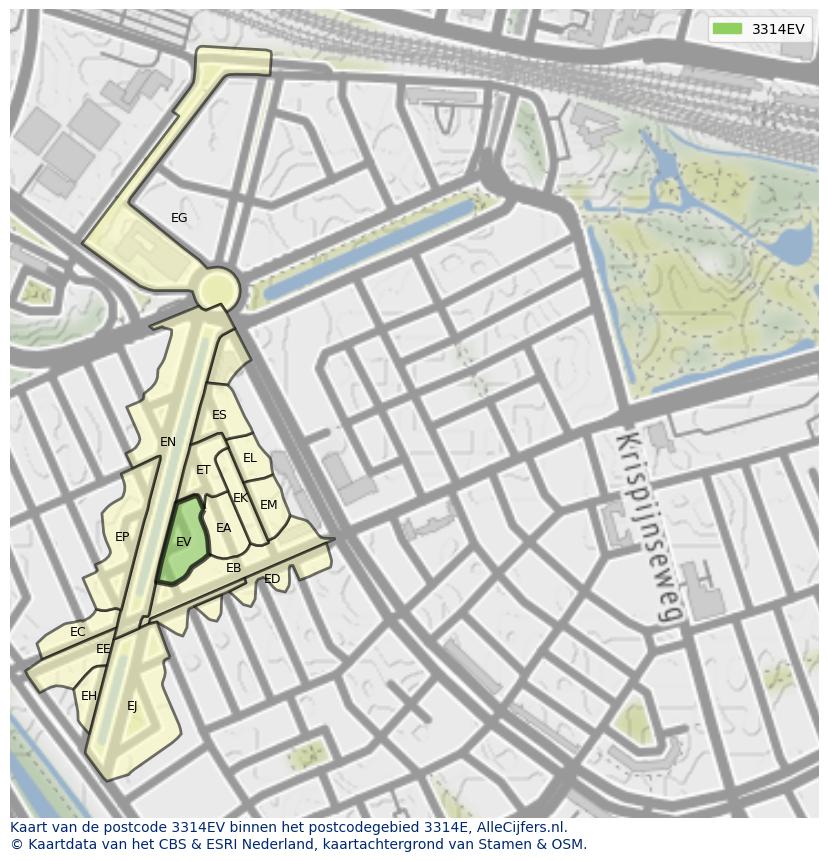 Afbeelding van het postcodegebied 3314 EV op de kaart.
