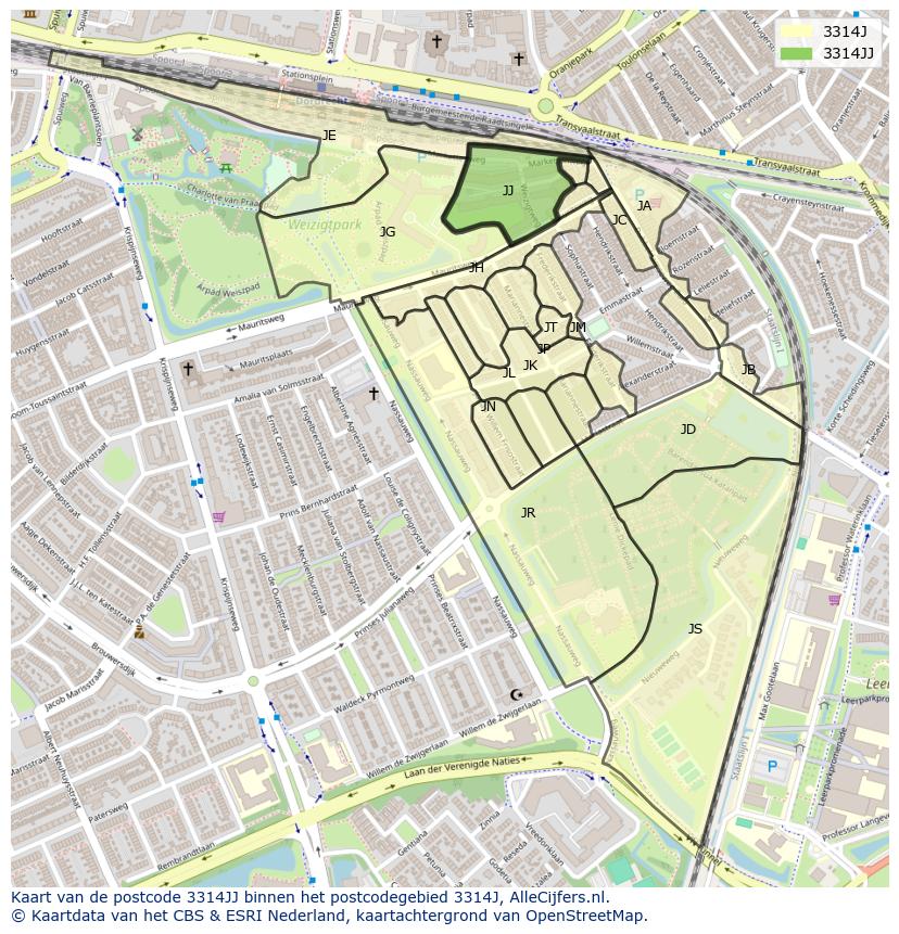 Afbeelding van het postcodegebied 3314 JJ op de kaart.