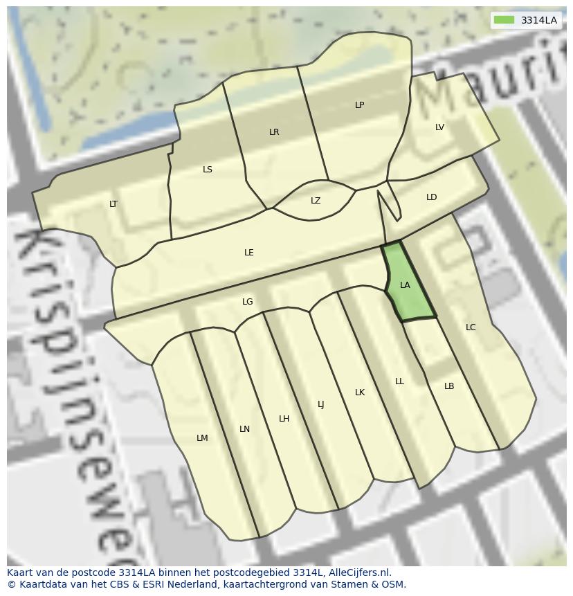 Afbeelding van het postcodegebied 3314 LA op de kaart.