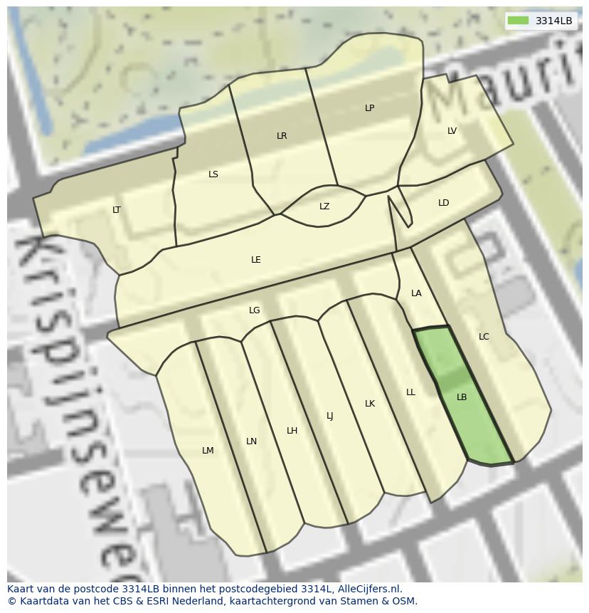 Afbeelding van het postcodegebied 3314 LB op de kaart.