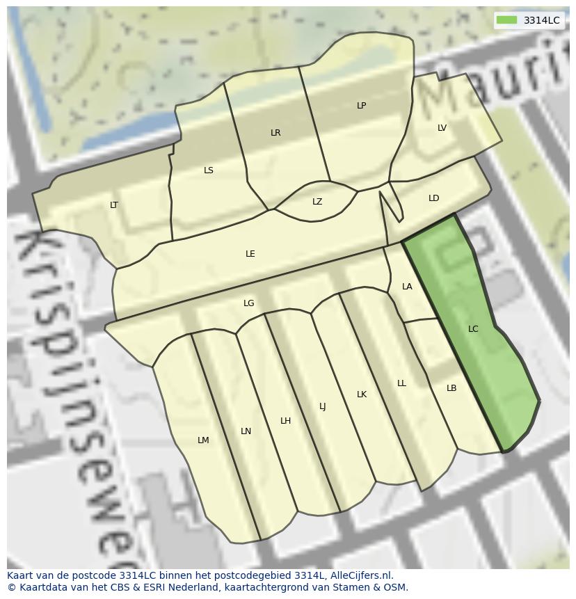 Afbeelding van het postcodegebied 3314 LC op de kaart.