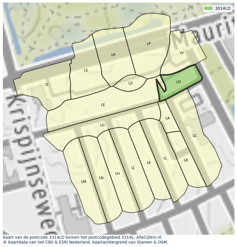 Afbeelding van het postcodegebied 3314 LD op de kaart.