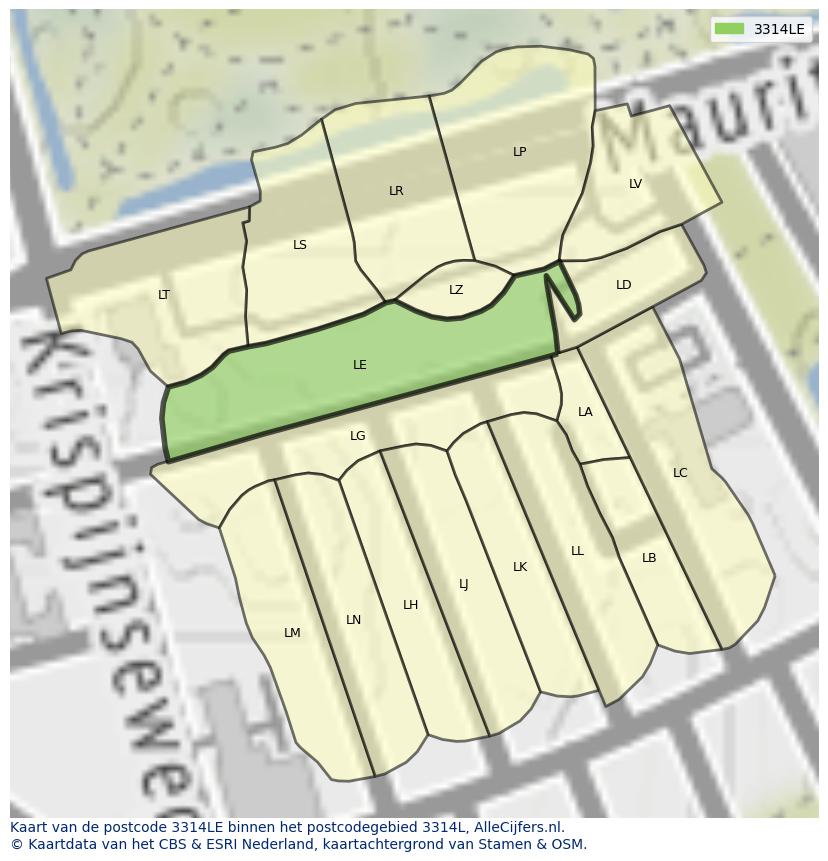 Afbeelding van het postcodegebied 3314 LE op de kaart.