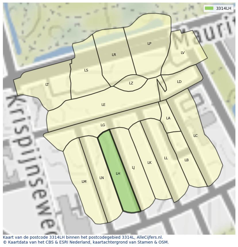 Afbeelding van het postcodegebied 3314 LH op de kaart.