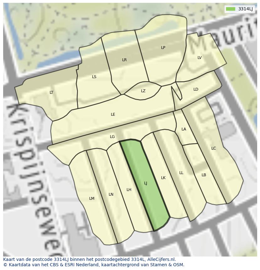 Afbeelding van het postcodegebied 3314 LJ op de kaart.