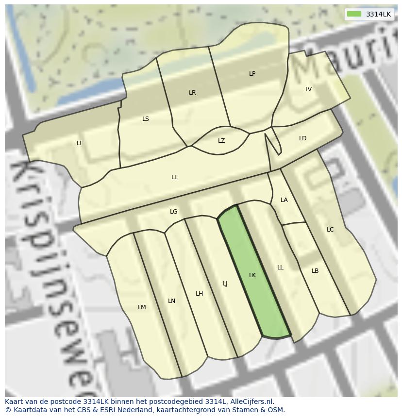Afbeelding van het postcodegebied 3314 LK op de kaart.