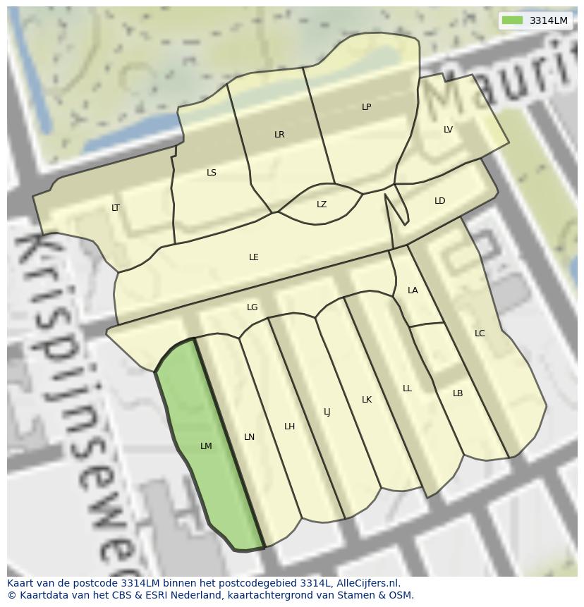 Afbeelding van het postcodegebied 3314 LM op de kaart.