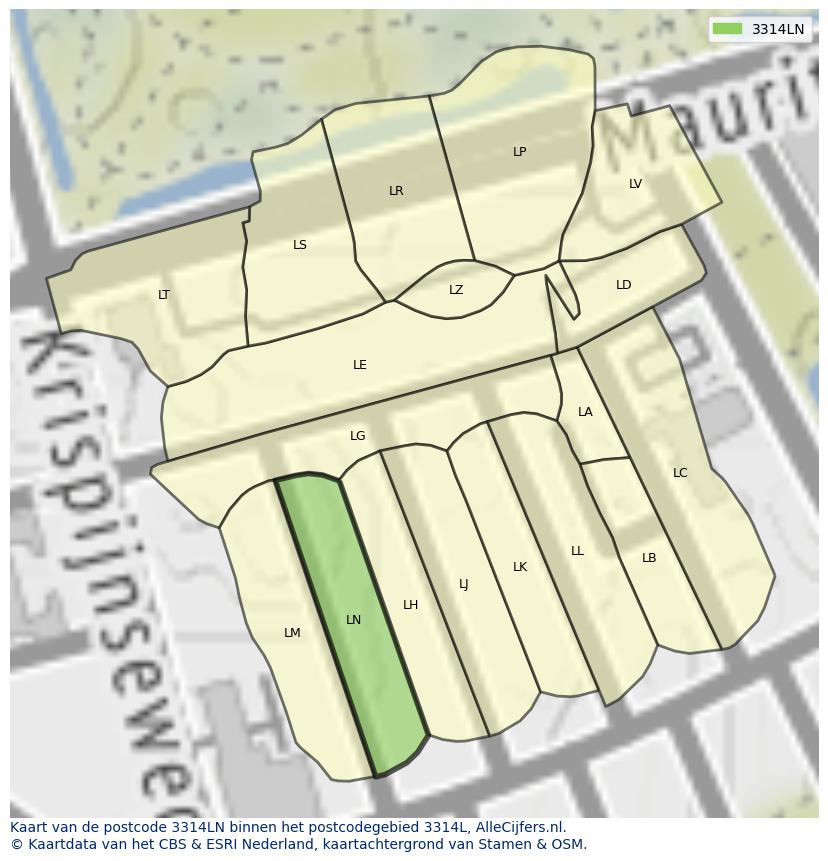 Afbeelding van het postcodegebied 3314 LN op de kaart.