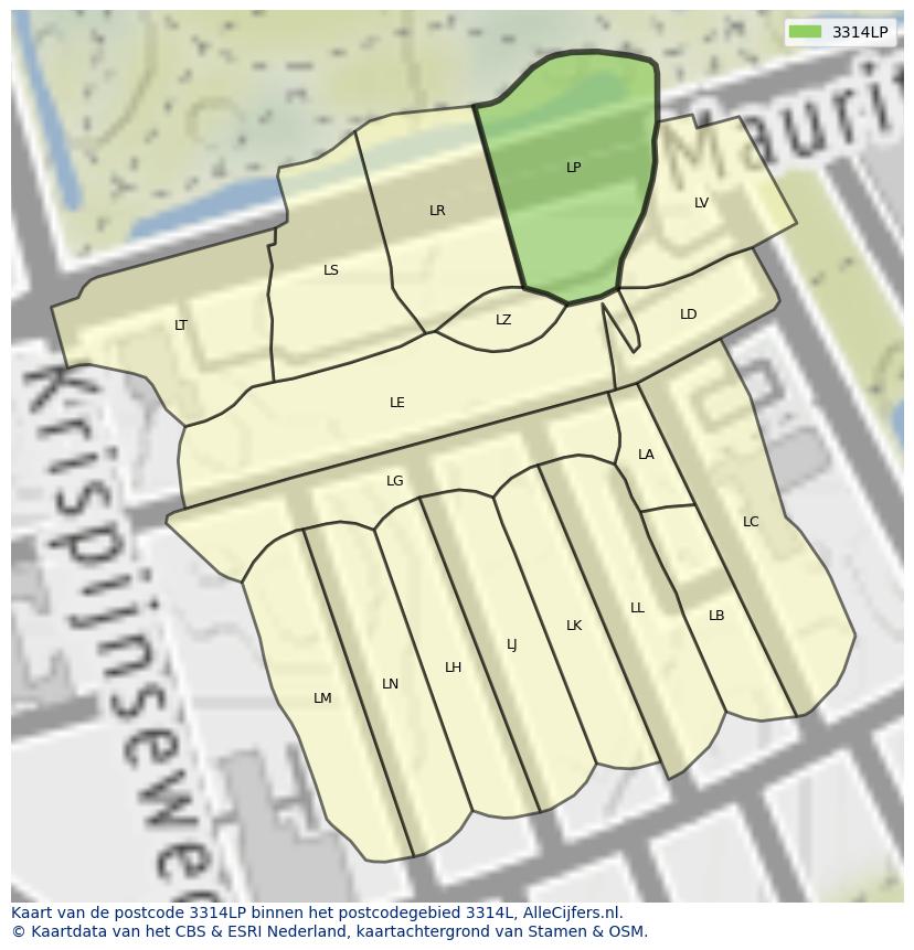 Afbeelding van het postcodegebied 3314 LP op de kaart.