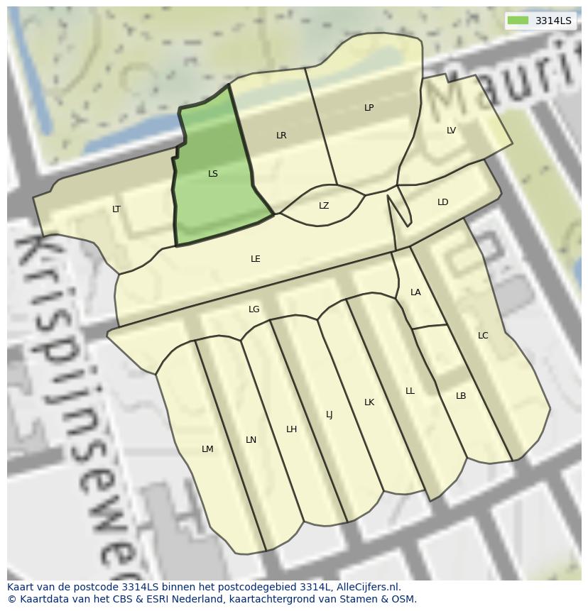 Afbeelding van het postcodegebied 3314 LS op de kaart.