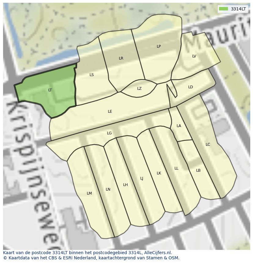 Afbeelding van het postcodegebied 3314 LT op de kaart.