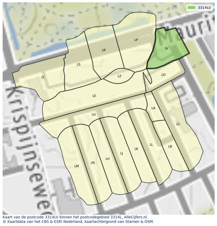 Afbeelding van het postcodegebied 3314 LV op de kaart.