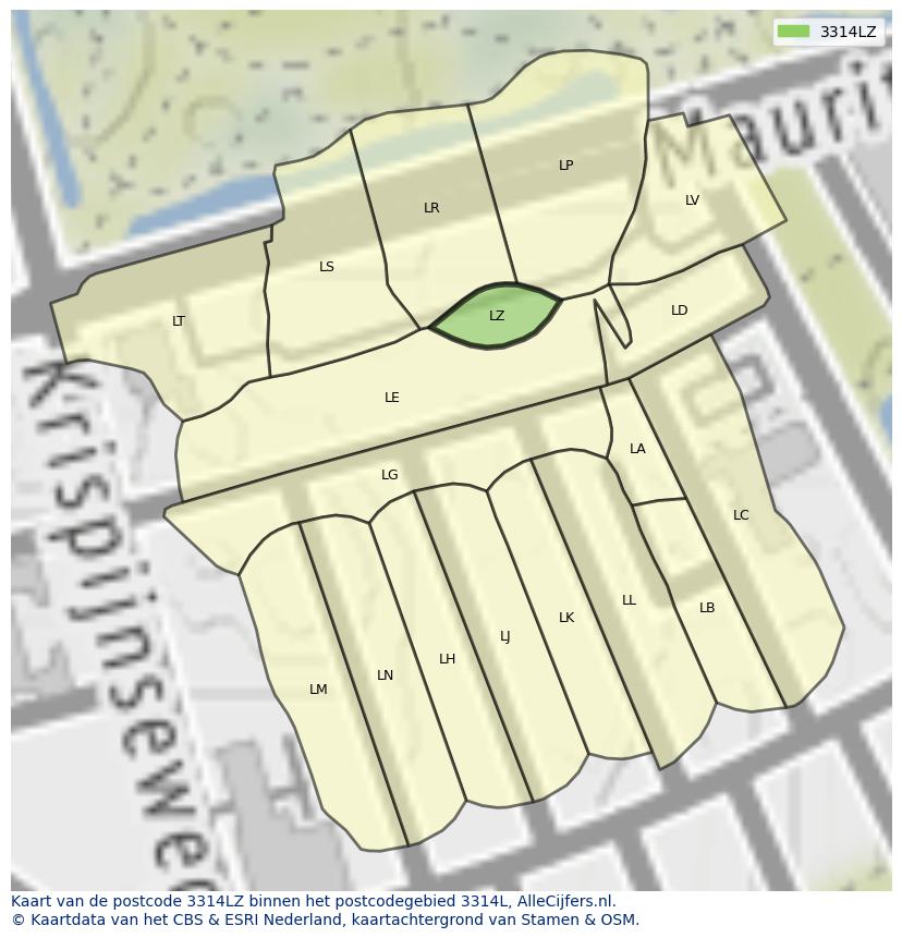 Afbeelding van het postcodegebied 3314 LZ op de kaart.