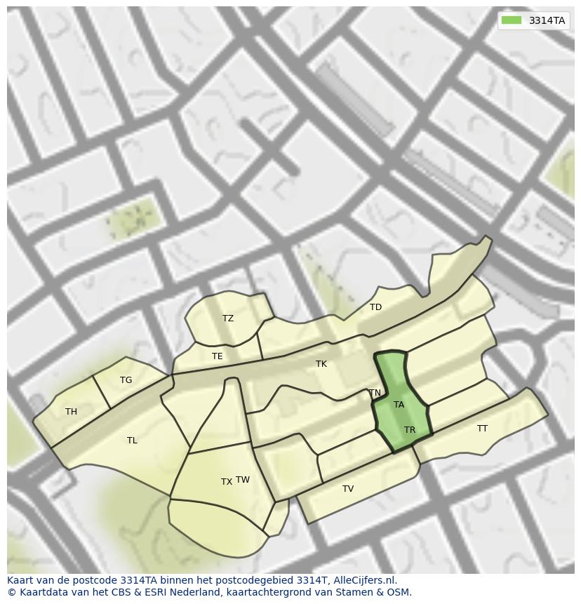 Afbeelding van het postcodegebied 3314 TA op de kaart.