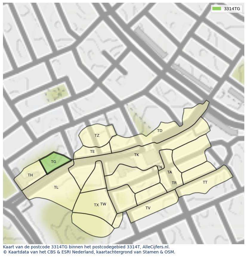 Afbeelding van het postcodegebied 3314 TG op de kaart.
