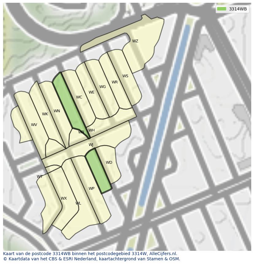 Afbeelding van het postcodegebied 3314 WB op de kaart.