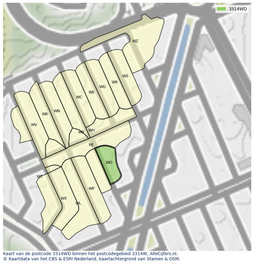 Afbeelding van het postcodegebied 3314 WD op de kaart.