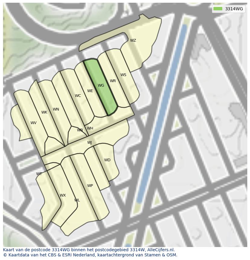 Afbeelding van het postcodegebied 3314 WG op de kaart.