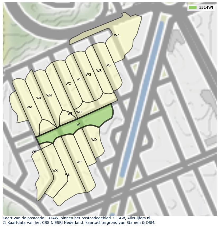 Afbeelding van het postcodegebied 3314 WJ op de kaart.