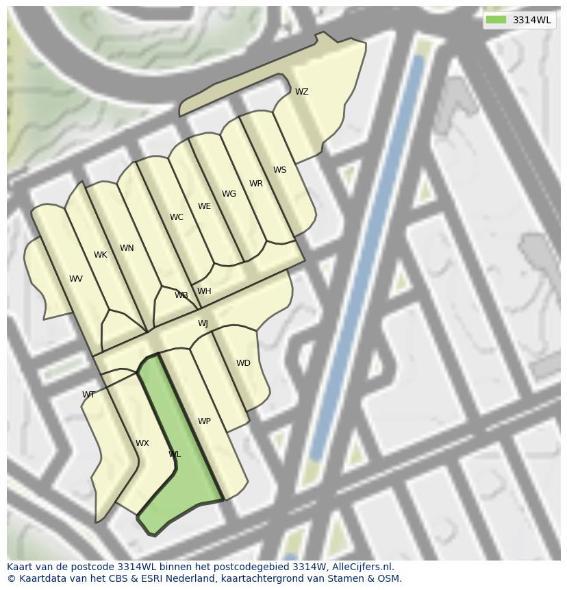 Afbeelding van het postcodegebied 3314 WL op de kaart.
