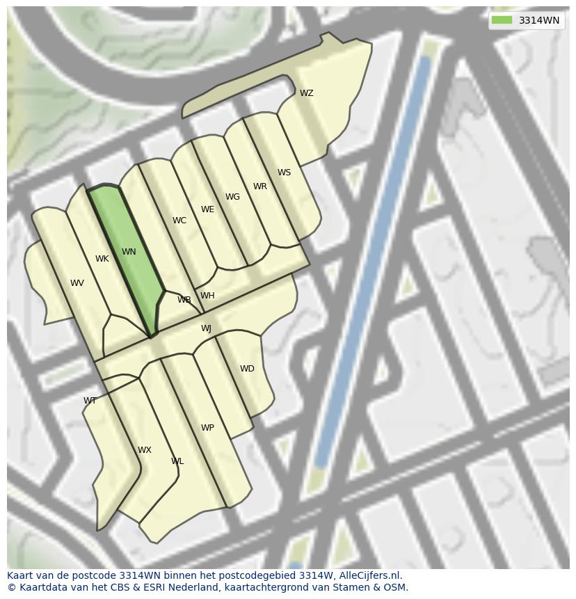 Afbeelding van het postcodegebied 3314 WN op de kaart.
