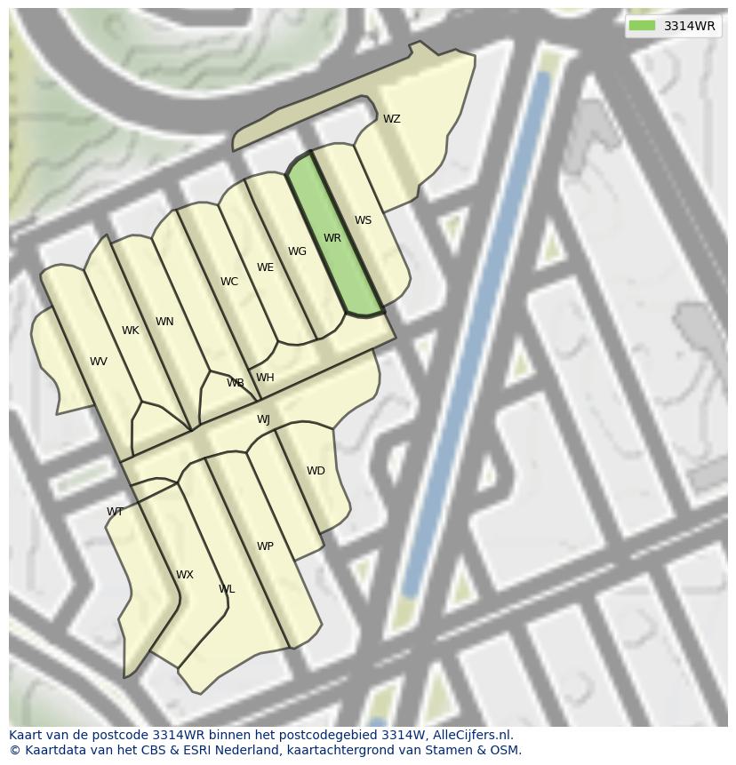Afbeelding van het postcodegebied 3314 WR op de kaart.