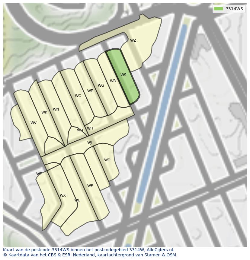 Afbeelding van het postcodegebied 3314 WS op de kaart.