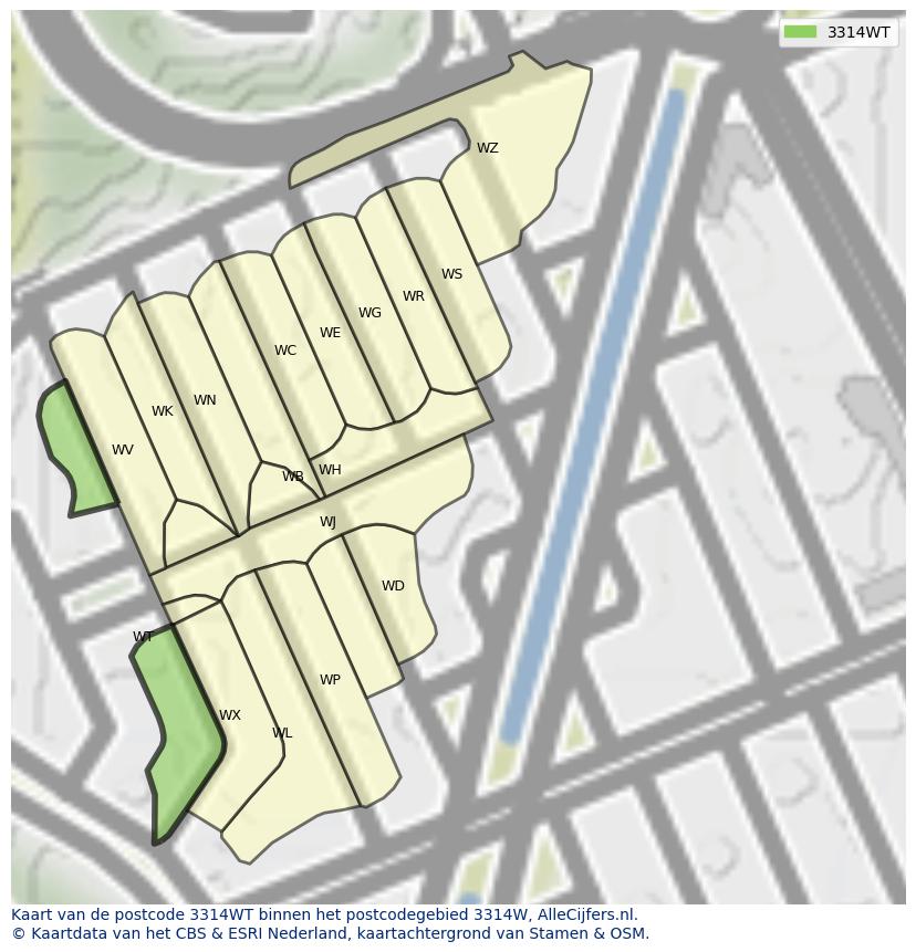 Afbeelding van het postcodegebied 3314 WT op de kaart.