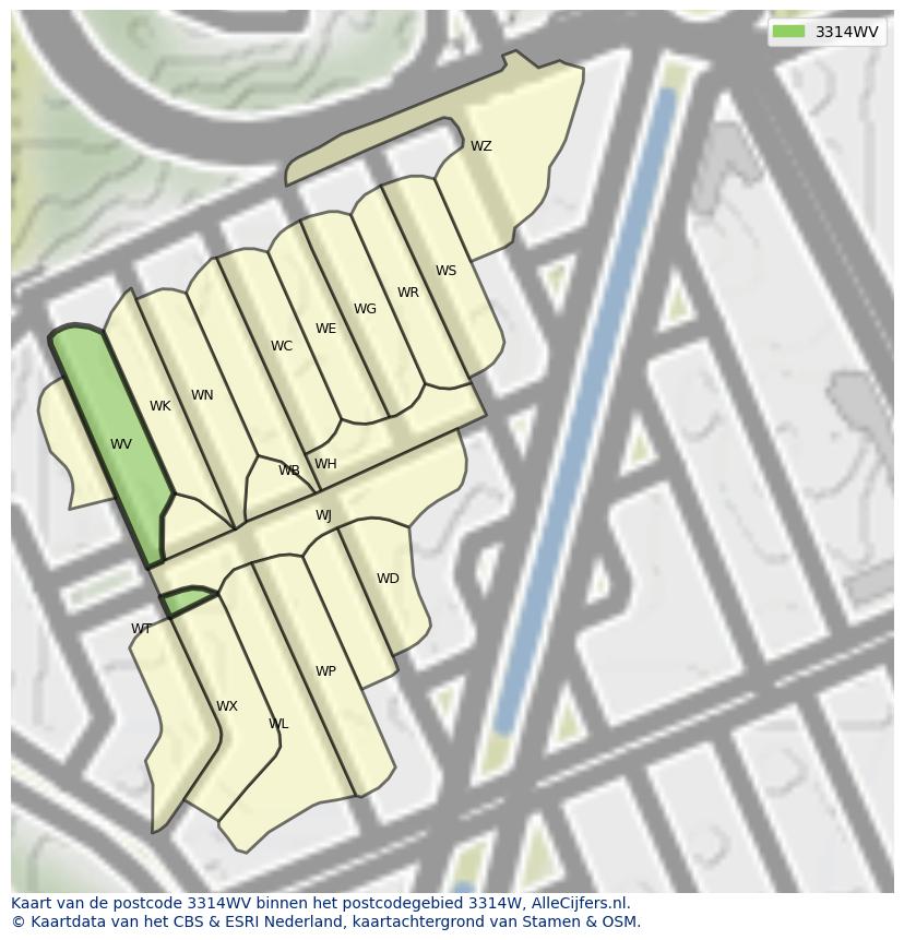 Afbeelding van het postcodegebied 3314 WV op de kaart.