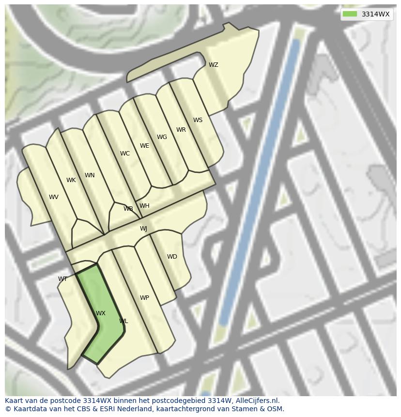 Afbeelding van het postcodegebied 3314 WX op de kaart.
