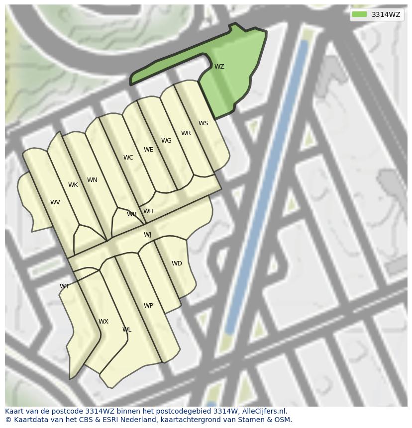 Afbeelding van het postcodegebied 3314 WZ op de kaart.