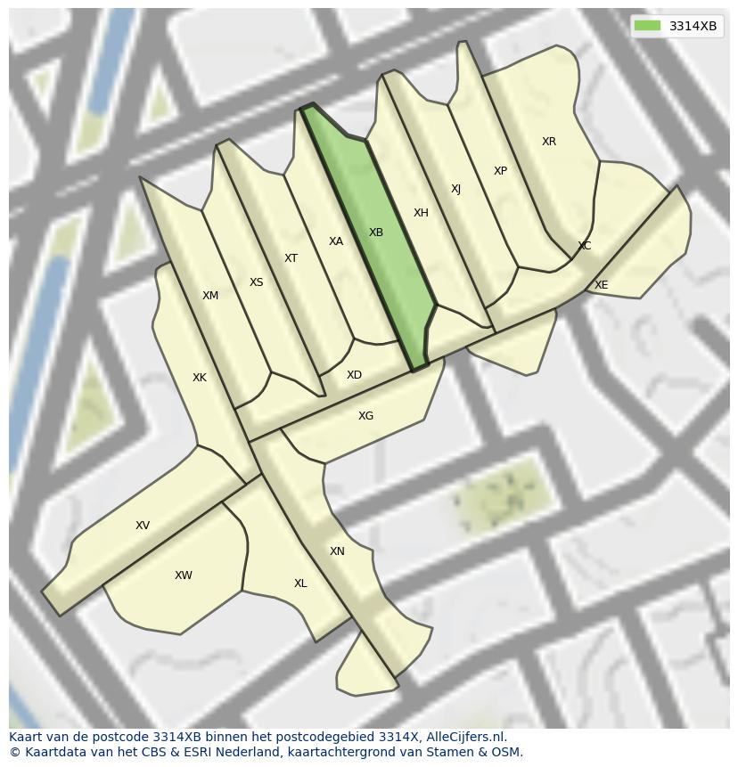 Afbeelding van het postcodegebied 3314 XB op de kaart.