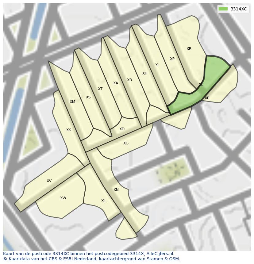 Afbeelding van het postcodegebied 3314 XC op de kaart.