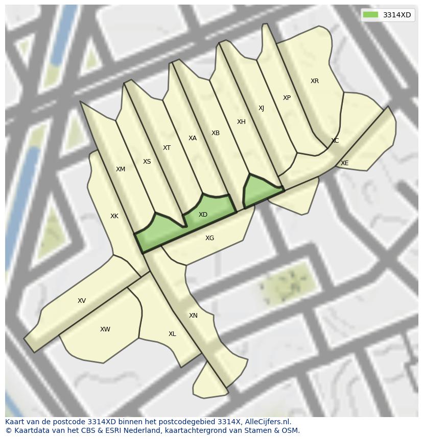 Afbeelding van het postcodegebied 3314 XD op de kaart.