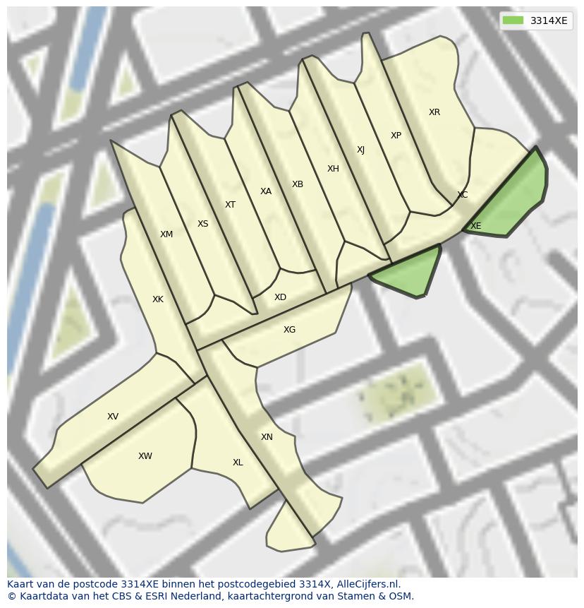 Afbeelding van het postcodegebied 3314 XE op de kaart.