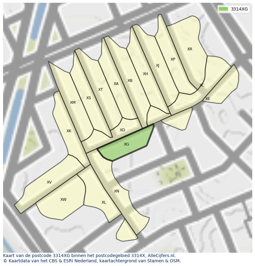Afbeelding van het postcodegebied 3314 XG op de kaart.
