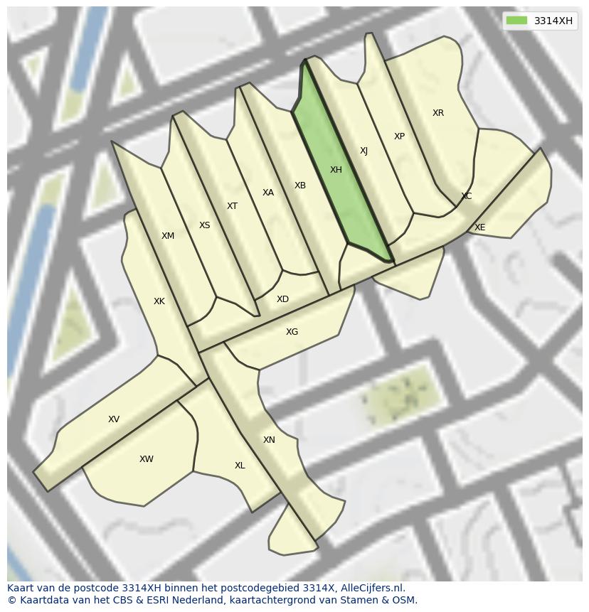 Afbeelding van het postcodegebied 3314 XH op de kaart.