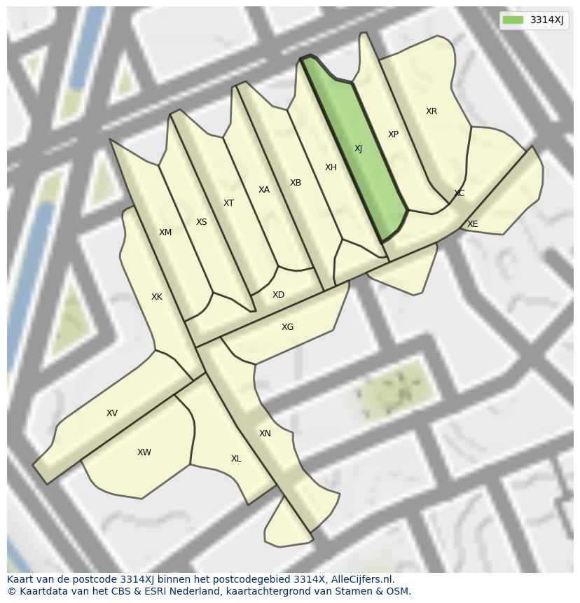Afbeelding van het postcodegebied 3314 XJ op de kaart.