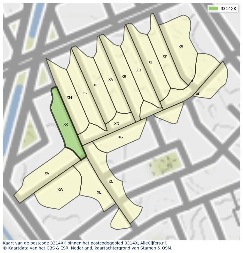 Afbeelding van het postcodegebied 3314 XK op de kaart.