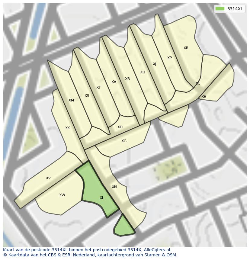Afbeelding van het postcodegebied 3314 XL op de kaart.