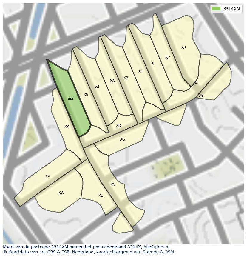 Afbeelding van het postcodegebied 3314 XM op de kaart.