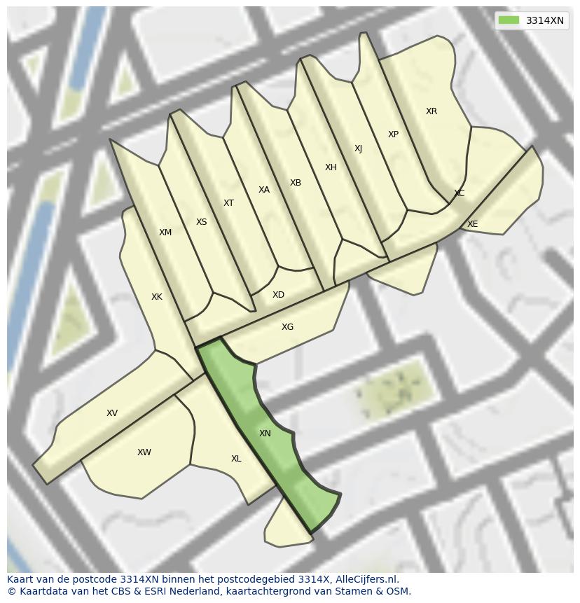 Afbeelding van het postcodegebied 3314 XN op de kaart.