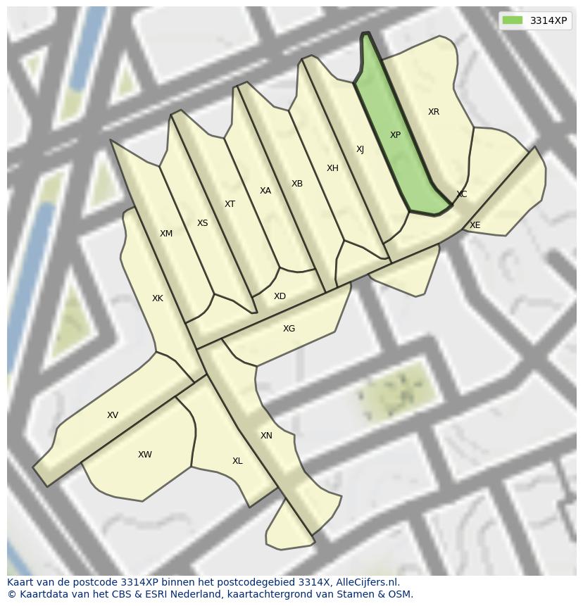 Afbeelding van het postcodegebied 3314 XP op de kaart.